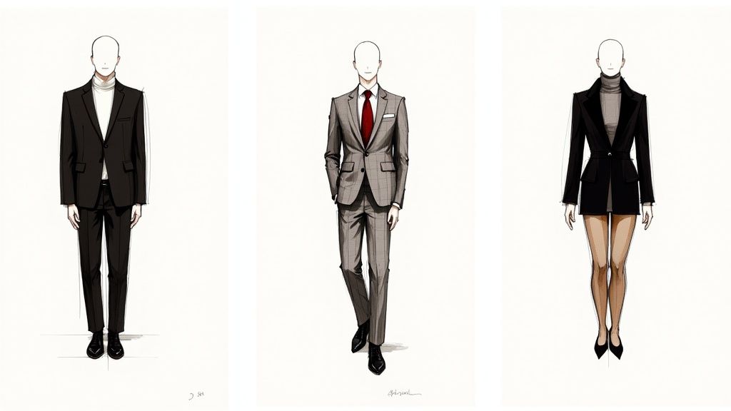 A gentleman in a sharp blue suit paired with a black turtleneck, looking into the distance.