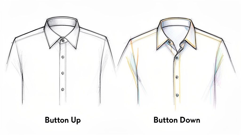 Comparison of two white shirts, showing a button-up shirt and a button-down shirt with collar buttons.