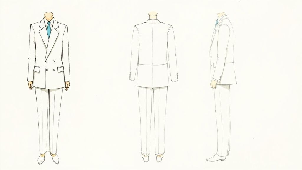 Fashion illustration of a white double-breasted suit with a blue tie, front, back, and side views.