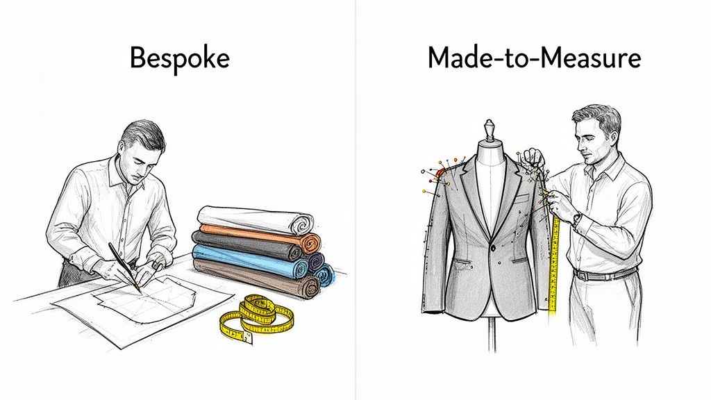 Illustrations comparing bespoke tailoring, showing a tailor drawing patterns, and made-to-measure, with a tailor measuring a suit on a mannequin.