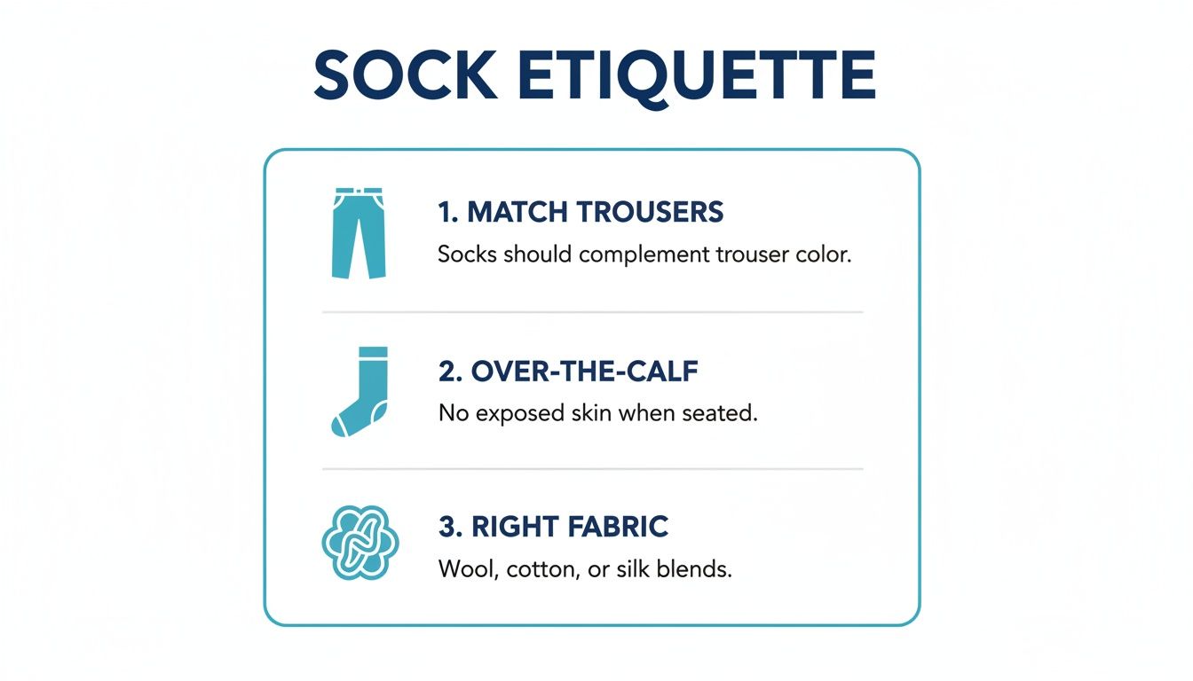 An infographic detailing three rules for sock etiquette: matching trousers, over-the-calf length, and appropriate fabric.