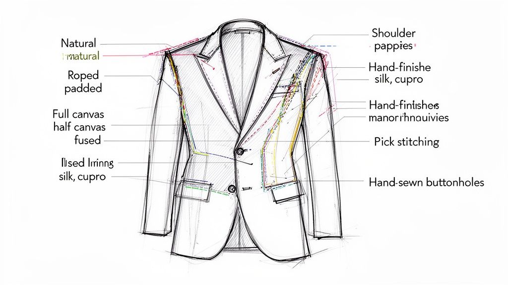 Detailed diagram illustrating various parts, construction methods, and tailoring features of a men's suit jacket.