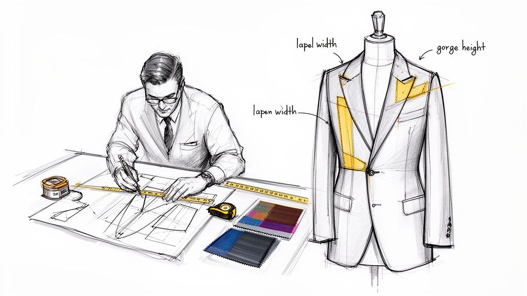 An illustration showing a tailor drafting a suit pattern and a jacket on a mannequin with lapel details.