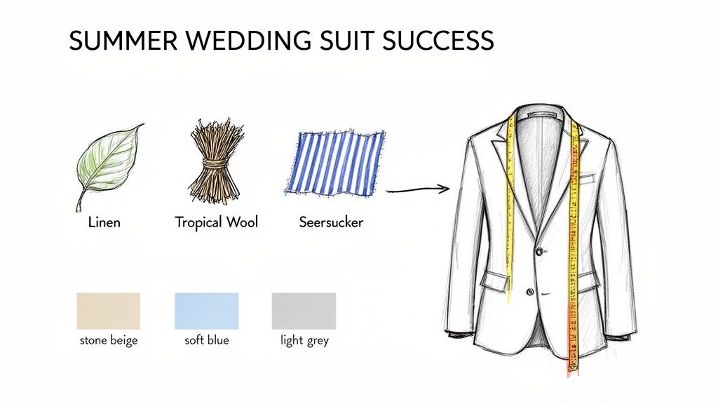 An illustration suggesting ideal fabrics and colors for summer wedding suits, including linen, tropical wool, seersucker, and light shades.