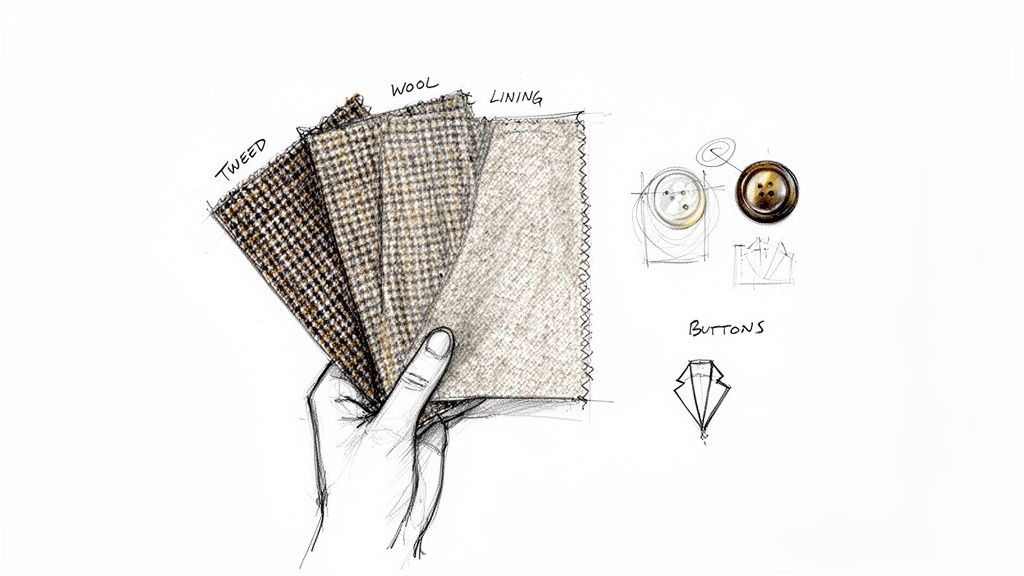 Sketch of a hand holding bespoke fabric swatches (tweed, wool, lining) with buttons and suit lapel designs.