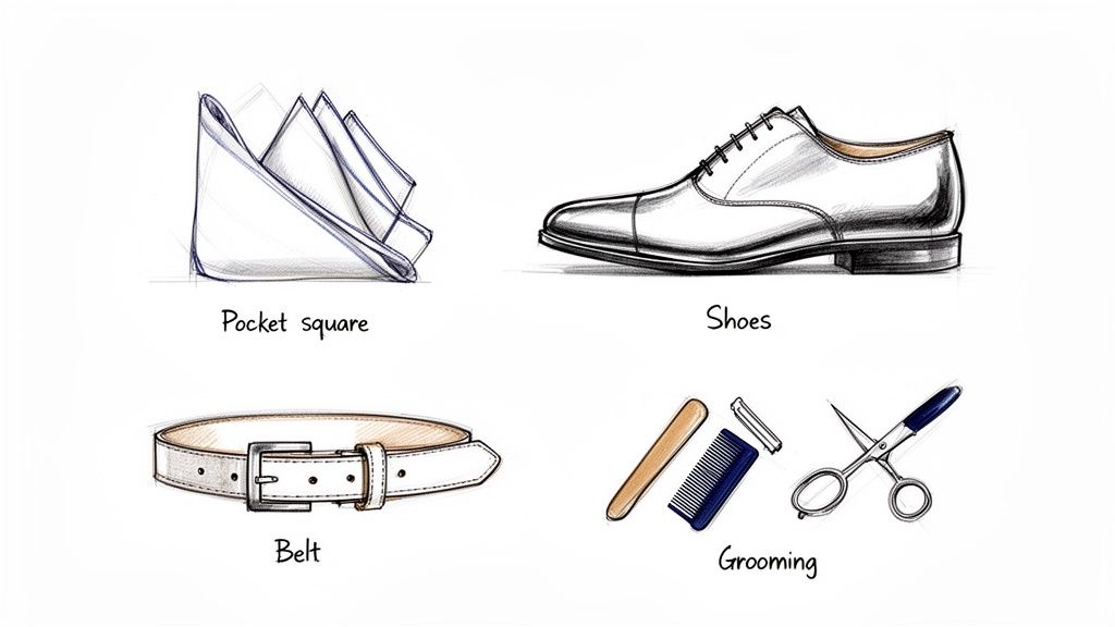 A collection of hand-sketched men's accessories: pocket square, dress shoe, belt, and grooming items.