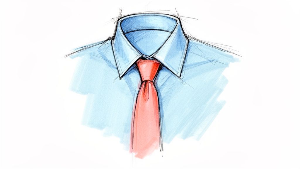 A hand-drawn sketch of a light blue dress shirt paired with a vibrant red necktie.