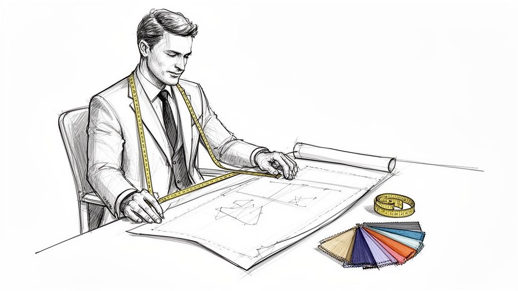 A stylish tailor in a suit works on patterns at a desk with a measuring tape and fabric swatches.