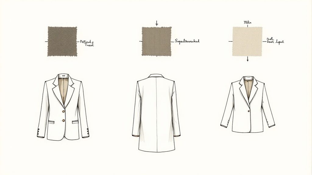 Technical fashion design sketch showing three white blazer views with fabric swatches and lapel details