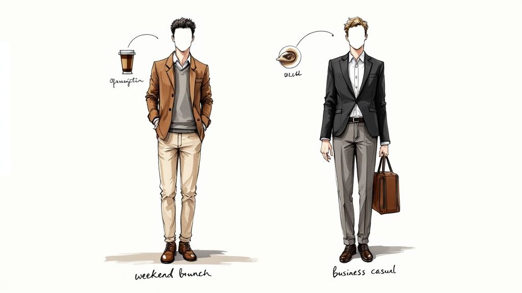Two men illustrate 'weekend brunch' and 'business casual' outfits, highlighting the difference between a sports coat and a blazer.