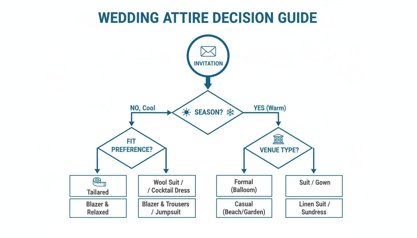 Decision guide flowchart for wedding attire, considering season, fit preference, and venue type.