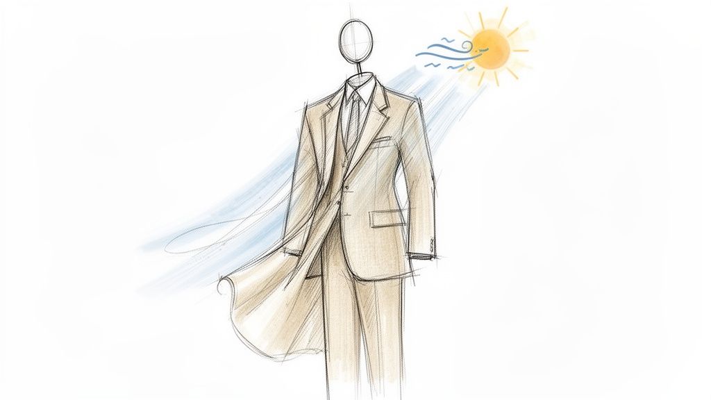 Sketch of a light-colored suit and overcoat blowing in the wind on a sunny day.