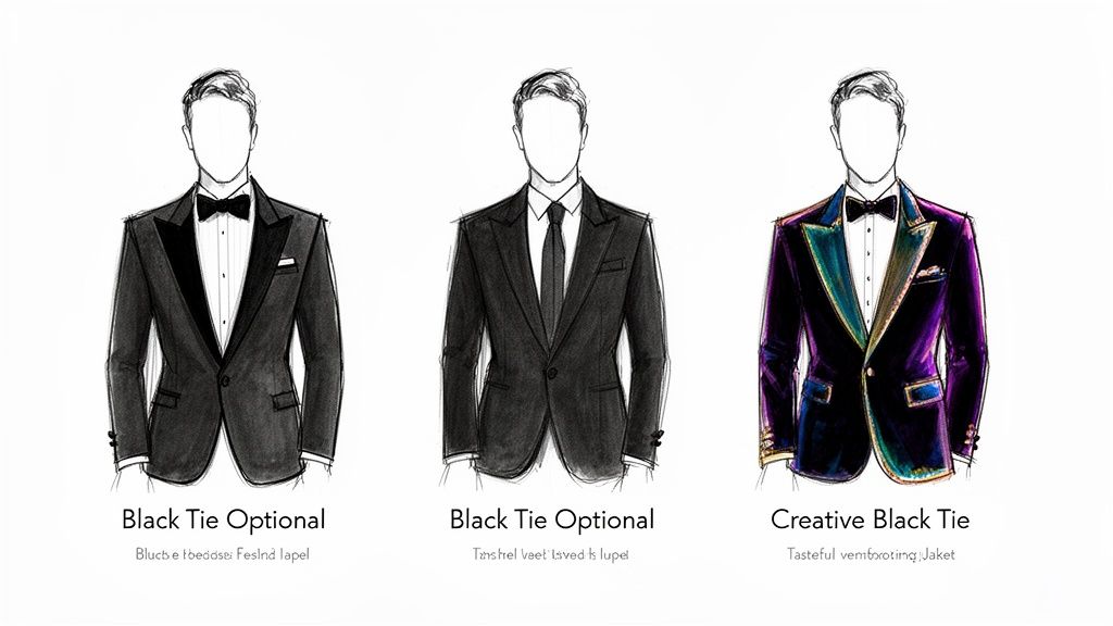 Three illustrations of men showcasing black tie optional and creative black tie formal wear styles.