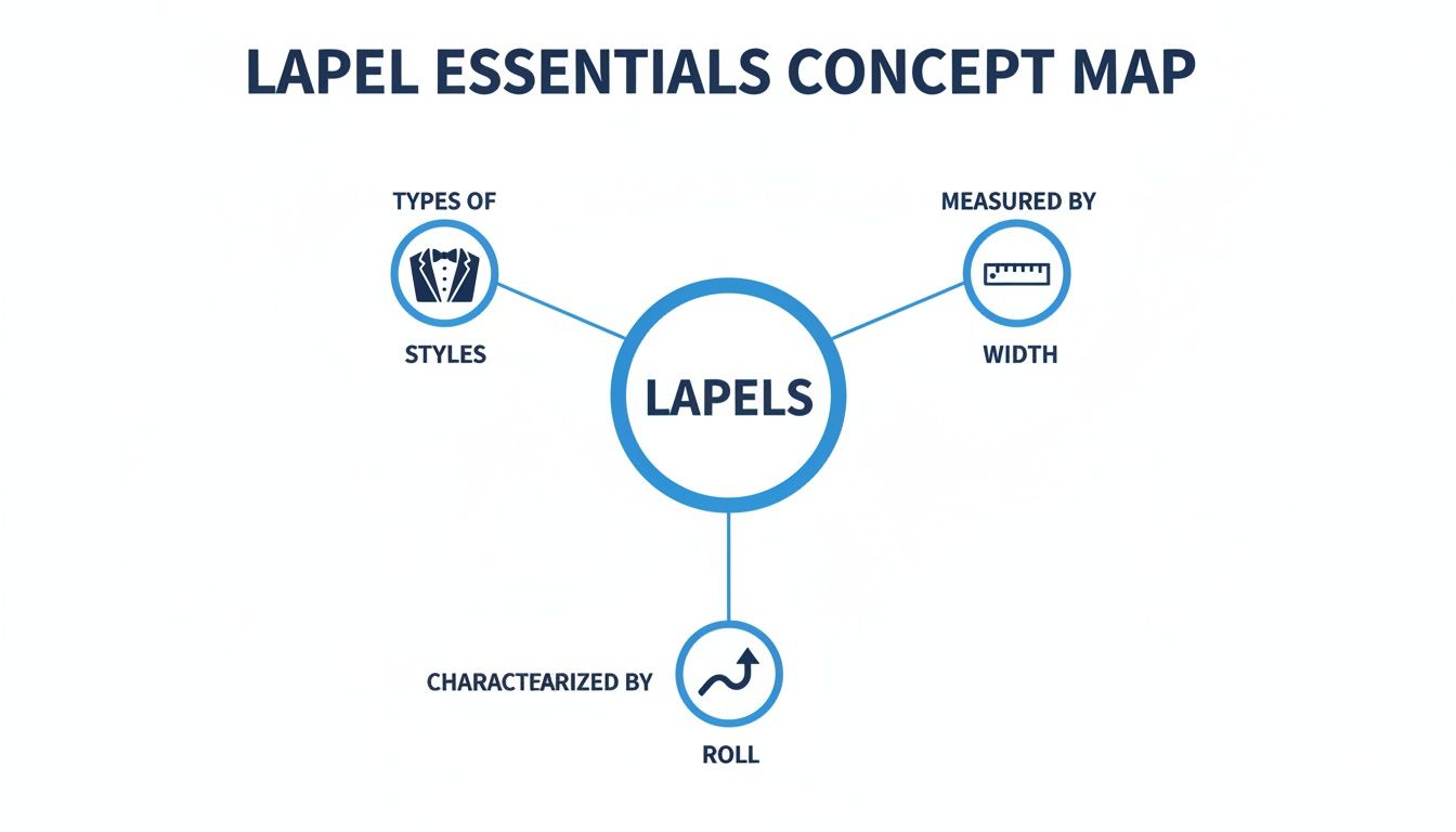 A concept map illustrating lapel essentials, covering types of styles, width, and characterized by roll.
