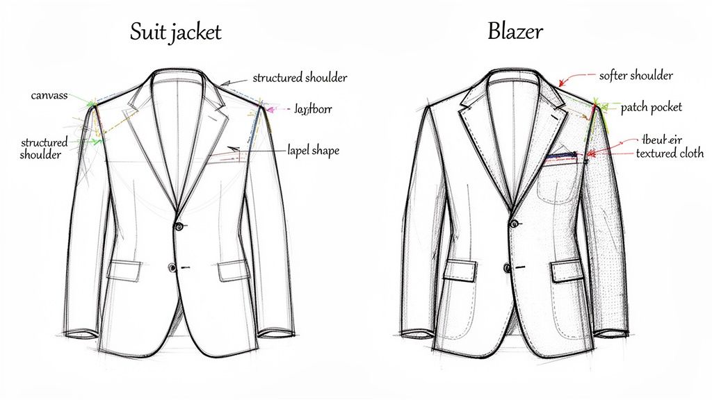 Diagram comparing suit jacket and blazer features, highlighting structured vs. softer shoulders and pocket types.