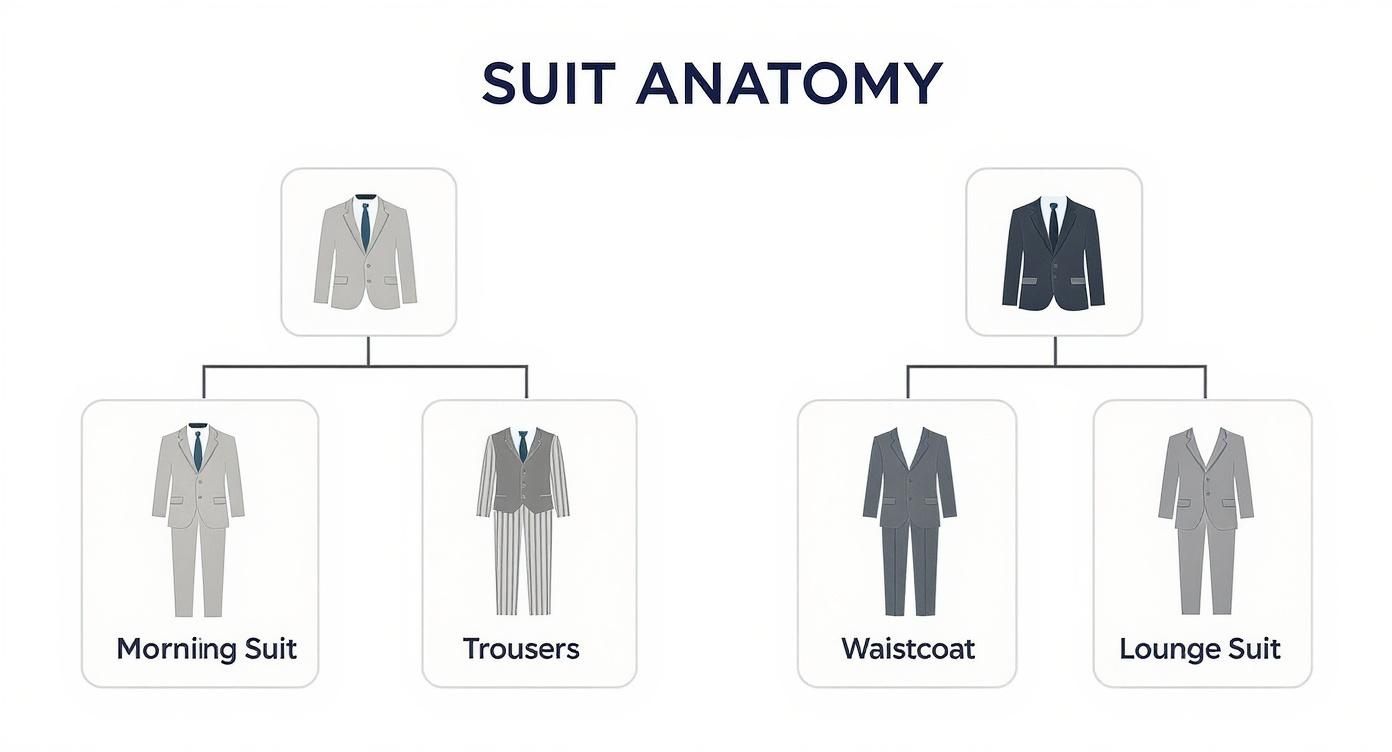Suit anatomy diagram showing four formal suit styles: morning suit, trousers, waistcoat, and lounge suit