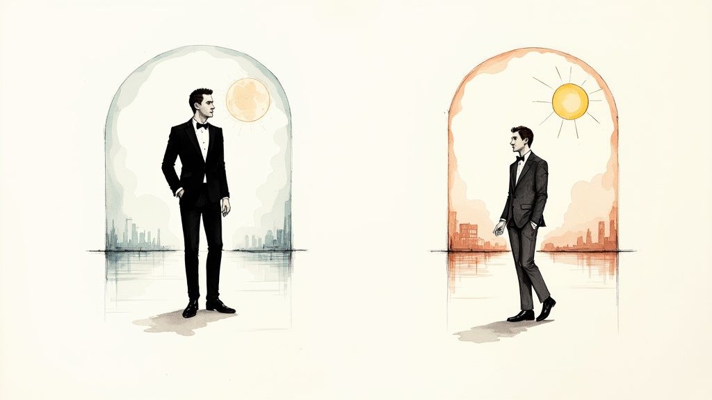 A groom in a velvet smoking suit stands confidently at his wedding venue.