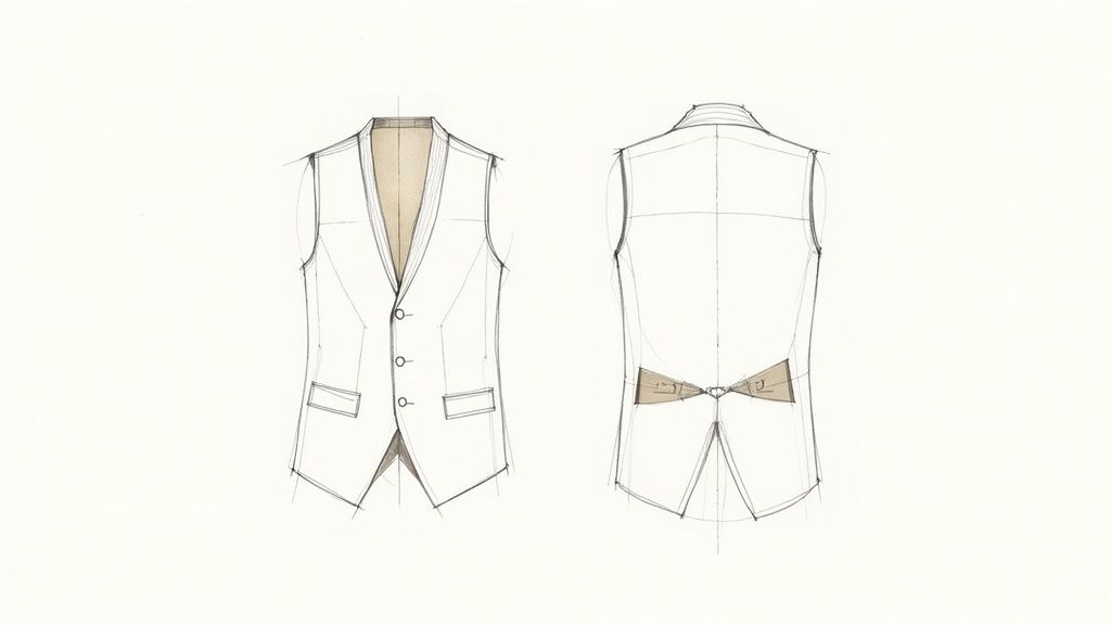 Detailed technical drawing showing the front and back views of a classic men's waistcoat.