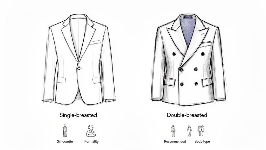 A sketch illustrating the difference between single-breasted and double-breasted suit jackets with various styling insights.