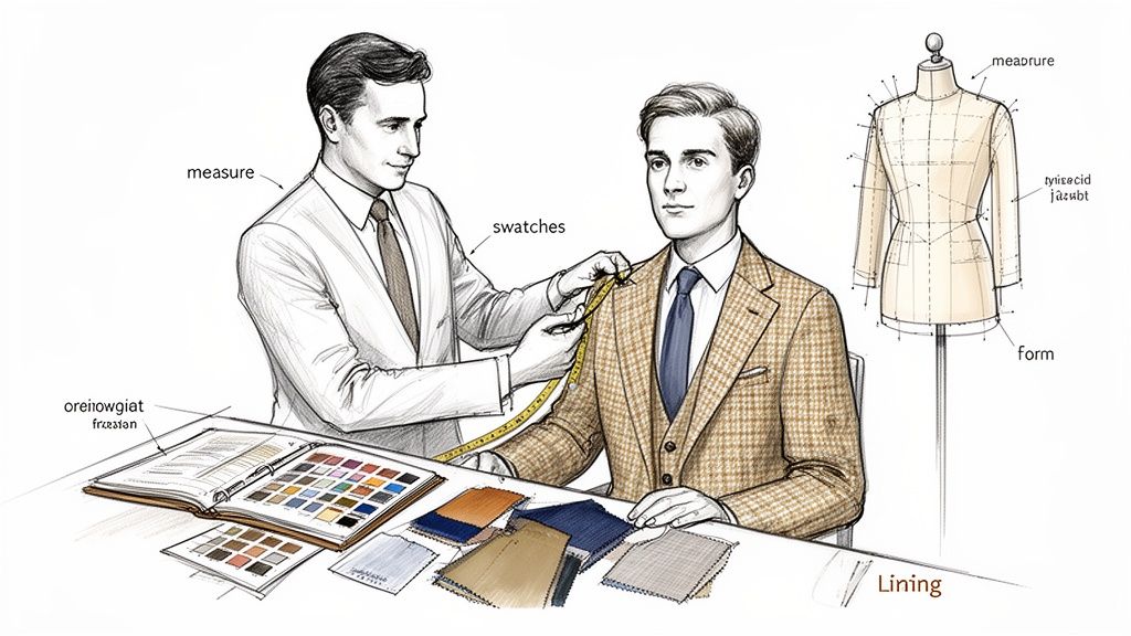 A tailor meticulously measures a gentleman for a custom suit, with fabric swatches and a dress form nearby.