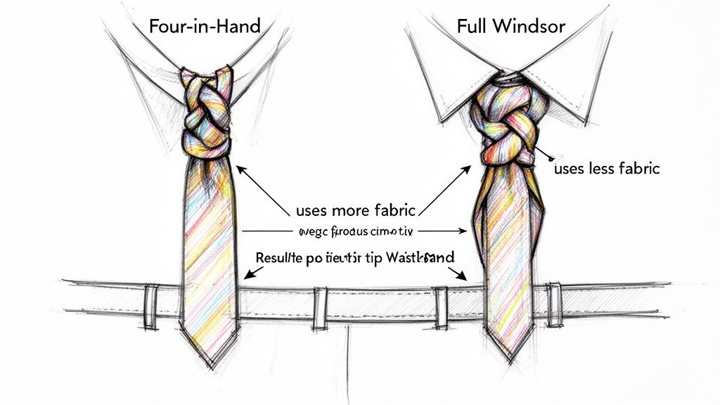 Comparison of Four-in-Hand and Full Windsor tie knots, illustrating fabric usage and ideal length.