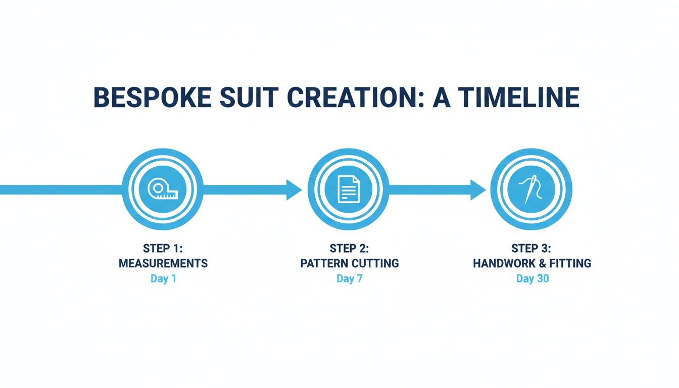 A timeline infographic illustrating the three steps of bespoke suit creation: measurements, pattern cutting, and handwork & fitting.