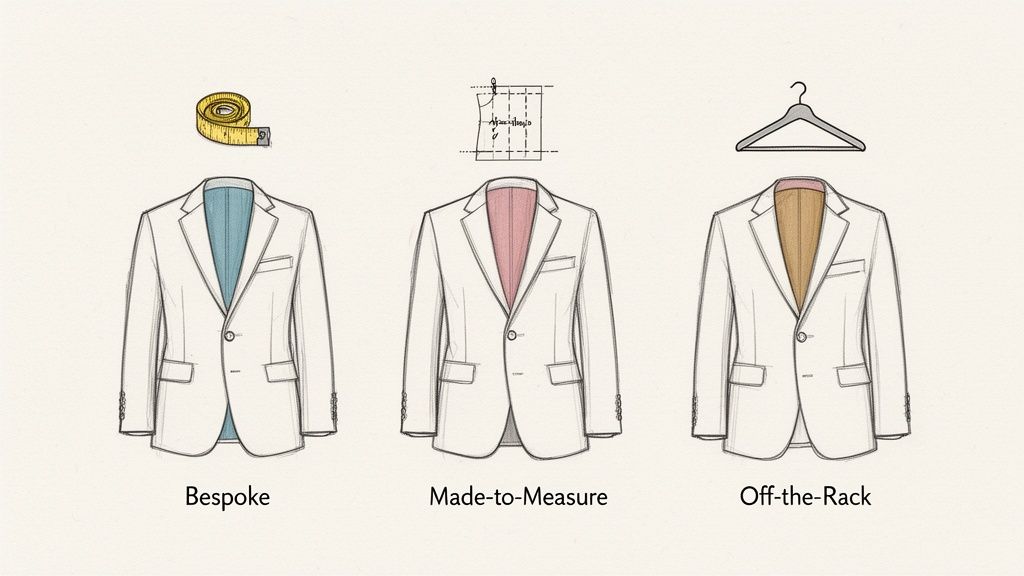 Illustration showing three types of suits: Bespoke, Made-to-Measure, and Off-the-Rack, with their tailoring methods.