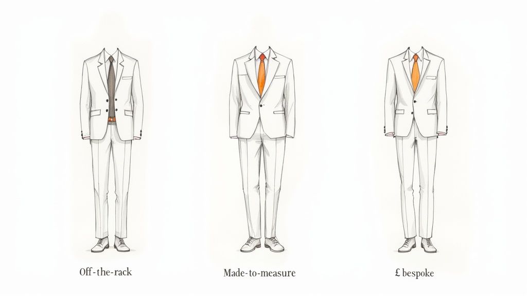 Illustration comparing three white men's suits: off-the-rack, made-to-measure, and bespoke, showing different fits.