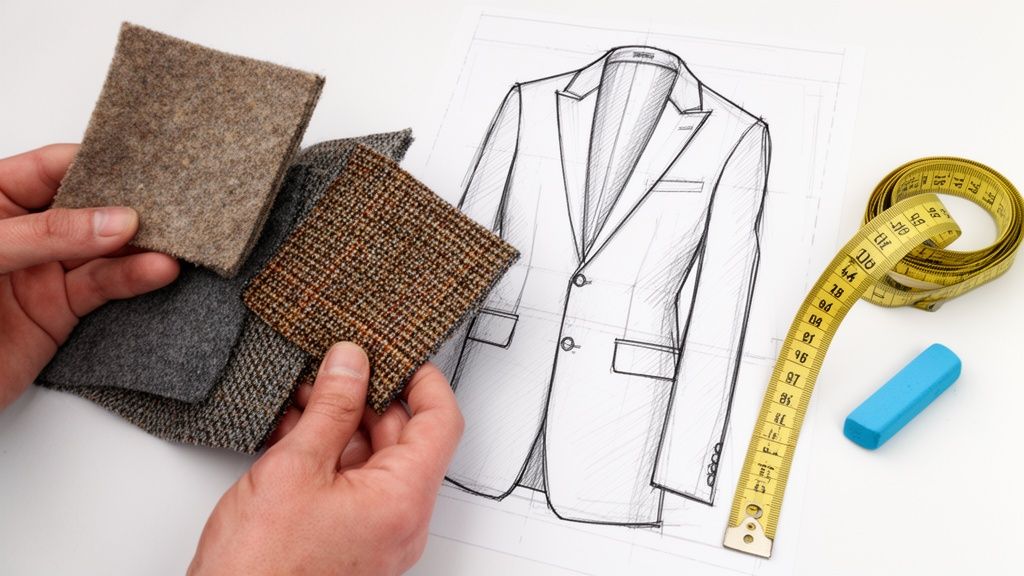 A tailor's hands hold tweed and wool fabric swatches next to a suit design sketch.