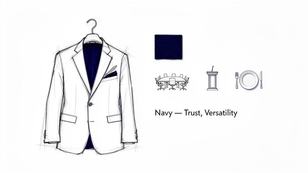 Sketch of a navy blue suit jacket on a hanger, with fabric swatch and icons for business and dining, highlighting navy for trust and versatility.