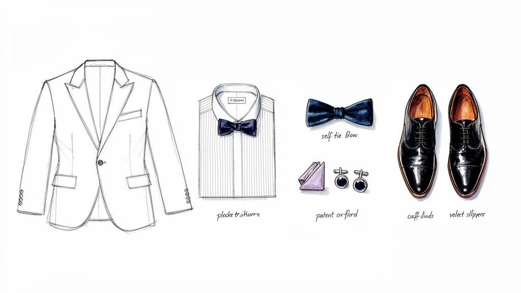 Illustration of men's formal suit components: jacket, pleated shirt, bow ties, cufflinks, and dress shoes.