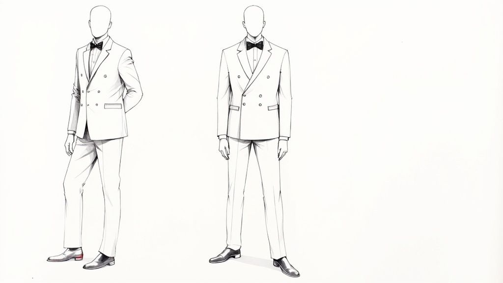 A gentleman adjusting the cuff of his double breasted dinner jacket, showing attention to detail.