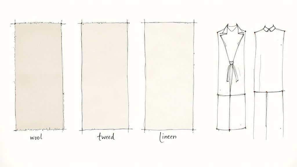 Illustrations of three fabric swatches: wool, tweed, and linen, alongside two women's dress designs.
