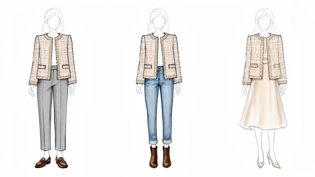 Three fashion illustrations show a woman wearing a tweed jacket styled with trousers, jeans, and a skirt.