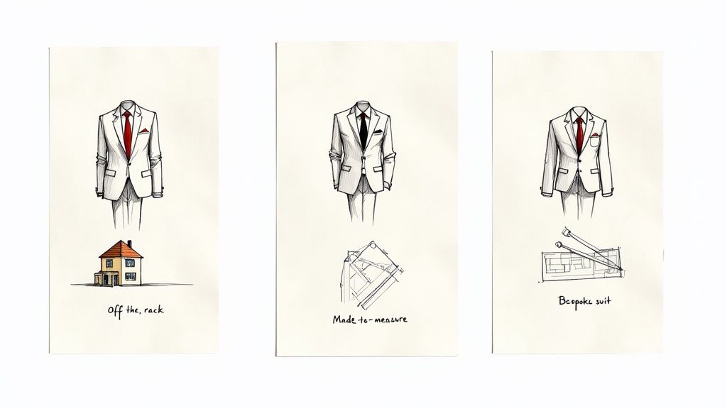 Illustrations comparing three suit tailoring options: off-the-rack (with a house), made-to-measure (with a pattern), and bespoke (with tailoring tools).