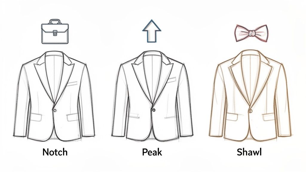 A gentleman adjusting his tie, wearing a dark suit with distinct peak lapels.