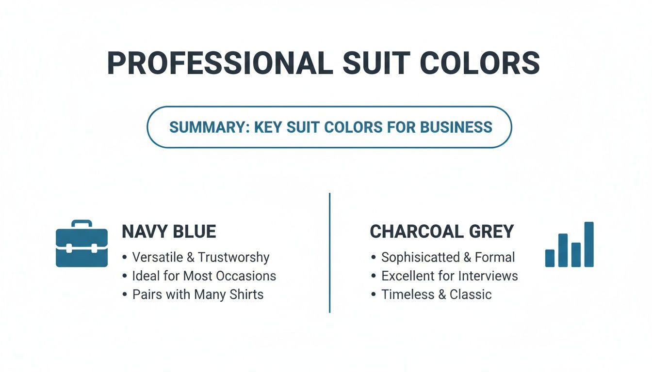 Infographic detailing professional suit colors for business: Navy Blue and Charcoal Grey, with key attributes.