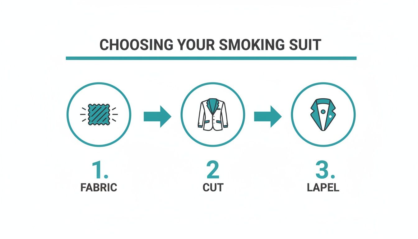 Flowchart illustrating three steps to choose a smoking suit: fabric, cut, and lapel design.