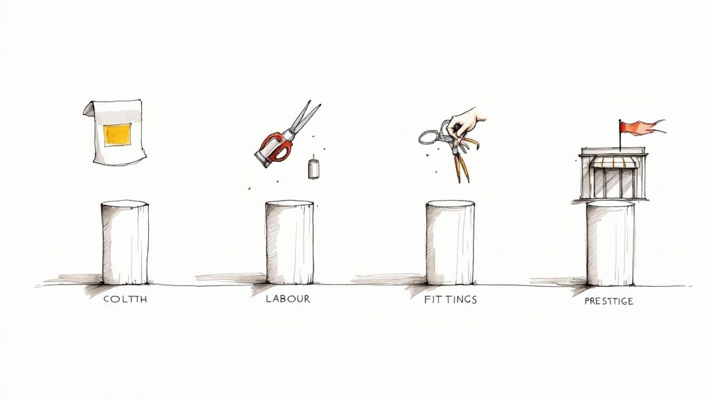 A close-up of a tailor's hands meticulously hand-stitching the lapel of a bespoke suit jacket.