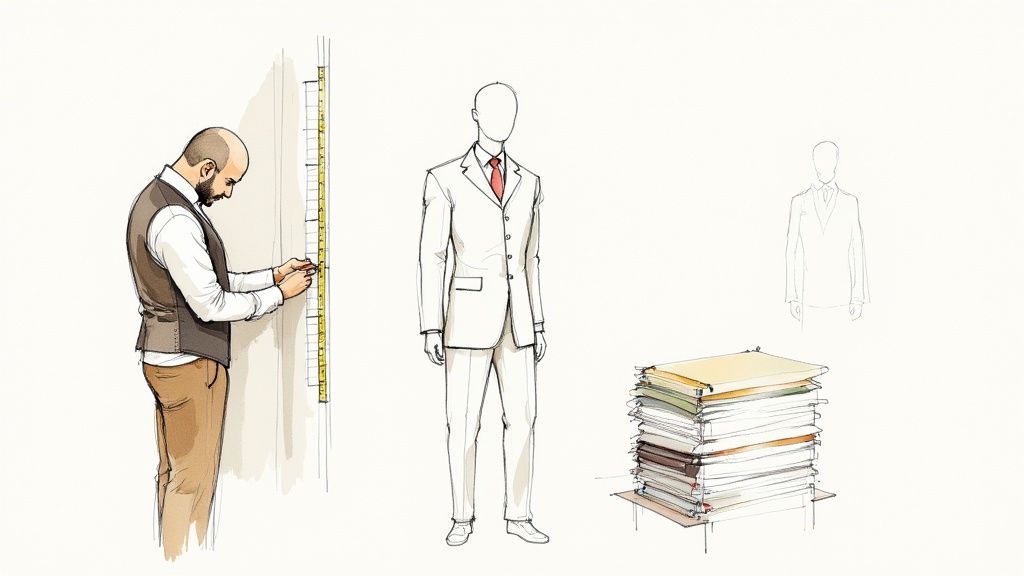 Groom in a custom tweed suit standing in a field