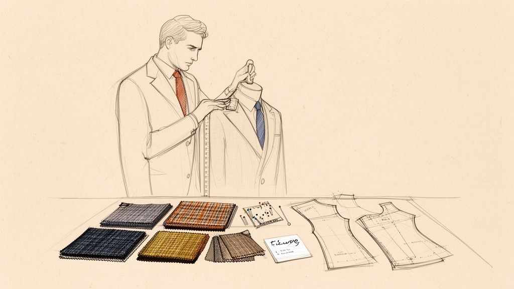 A male tailor measures a suit on a mannequin, with fabric swatches and patterns laid out.