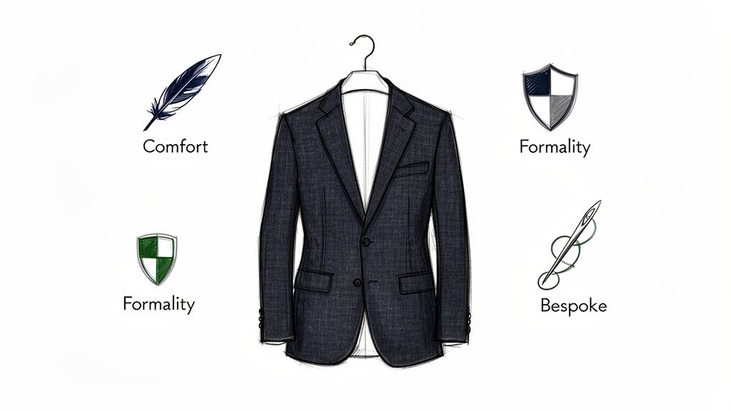 A dark suit jacket displayed on a hanger, surrounded by icons representing comfort, formality, and bespoke tailoring.