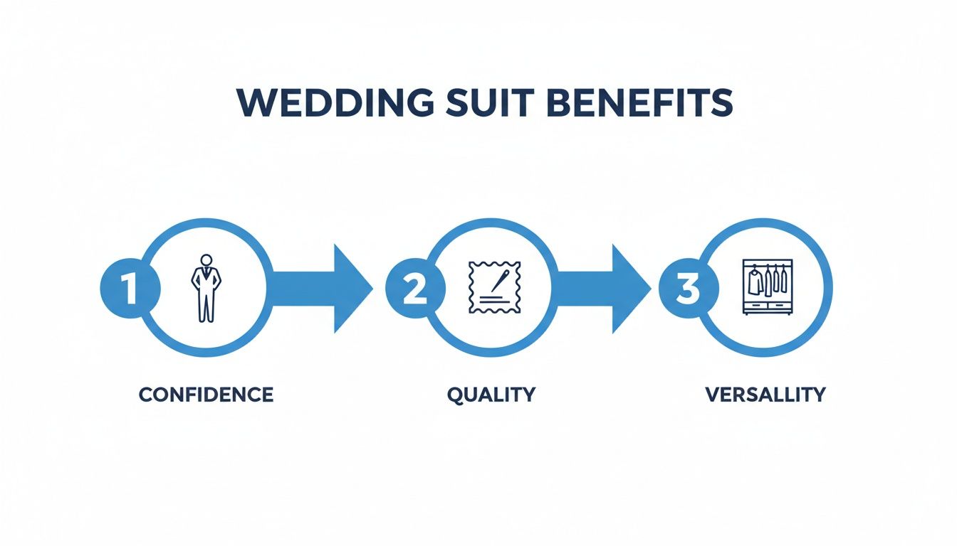 Infographic illustrating three key benefits of wedding suits: confidence, quality, and versatility, with icons.