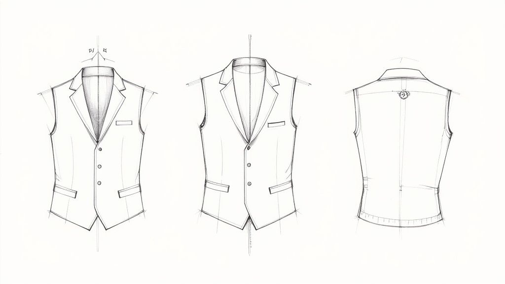 Three technical fashion sketches displaying different front and back views of a men's suit waistcoat.