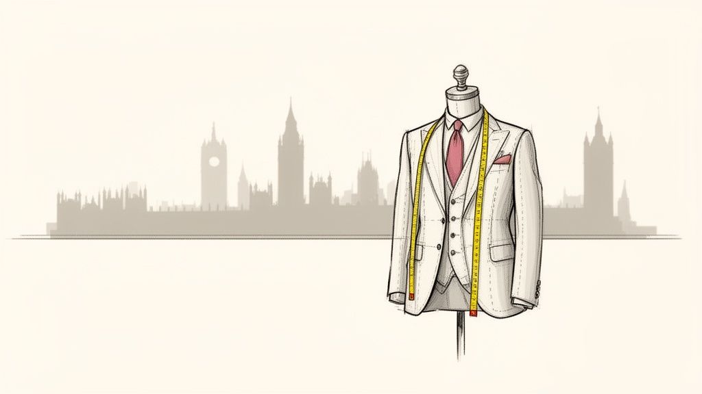 A tailor's mannequin wearing a light suit, red tie, measuring tape, against London skyline.
