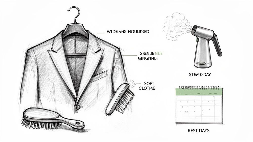 A sketch showing a suit jacket on a hanger, clothing brushes, a garment steamer, and a calendar for suit care.