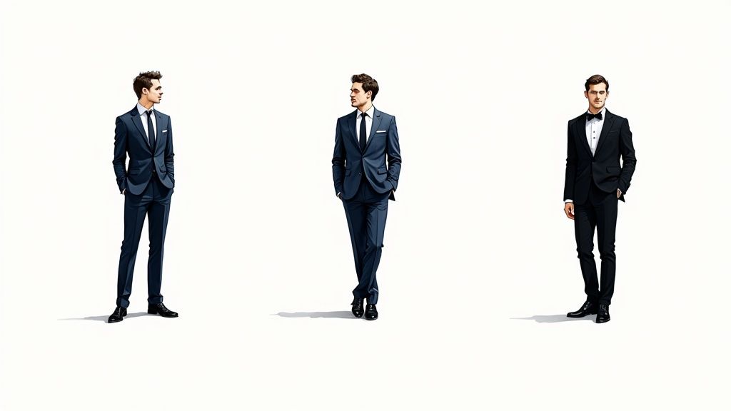Three stylish men dressed in various custom suits and a tuxedo on a clean white background.