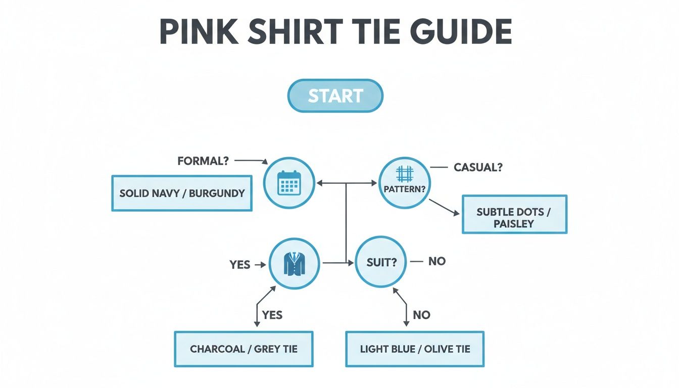 A flowchart guiding tie choices for a pink shirt, considering formality, patterns, and suits.