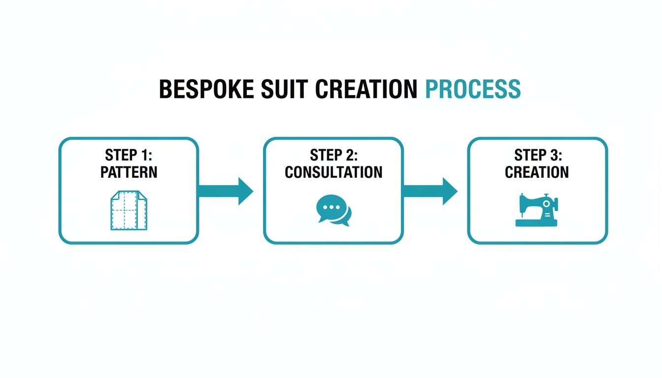 Flowchart illustrating the three-step bespoke suit creation process: pattern, consultation, and creation with relevant icons.