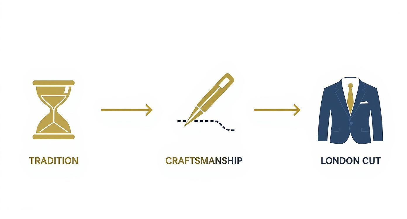 A visual sequence: tradition (hourglass) and craftsmanship (sewing needle) result in a London Cut suit.